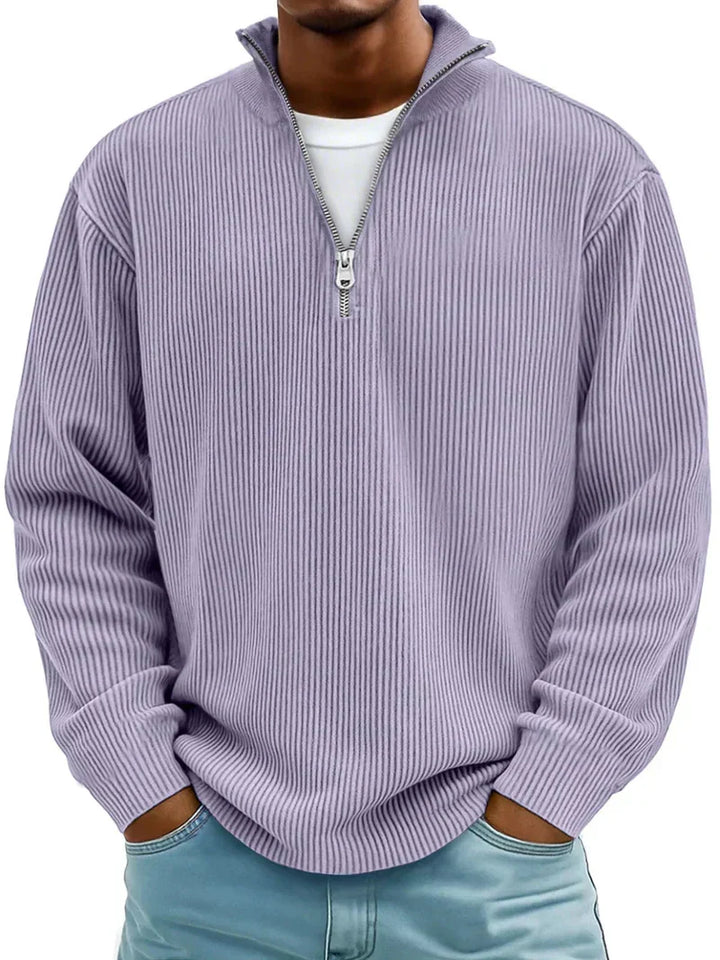 Herren Oberteil: Moderner Rippstrick Pullover mit Halb-Reißverschluss, ideal für den Winter und Layering.