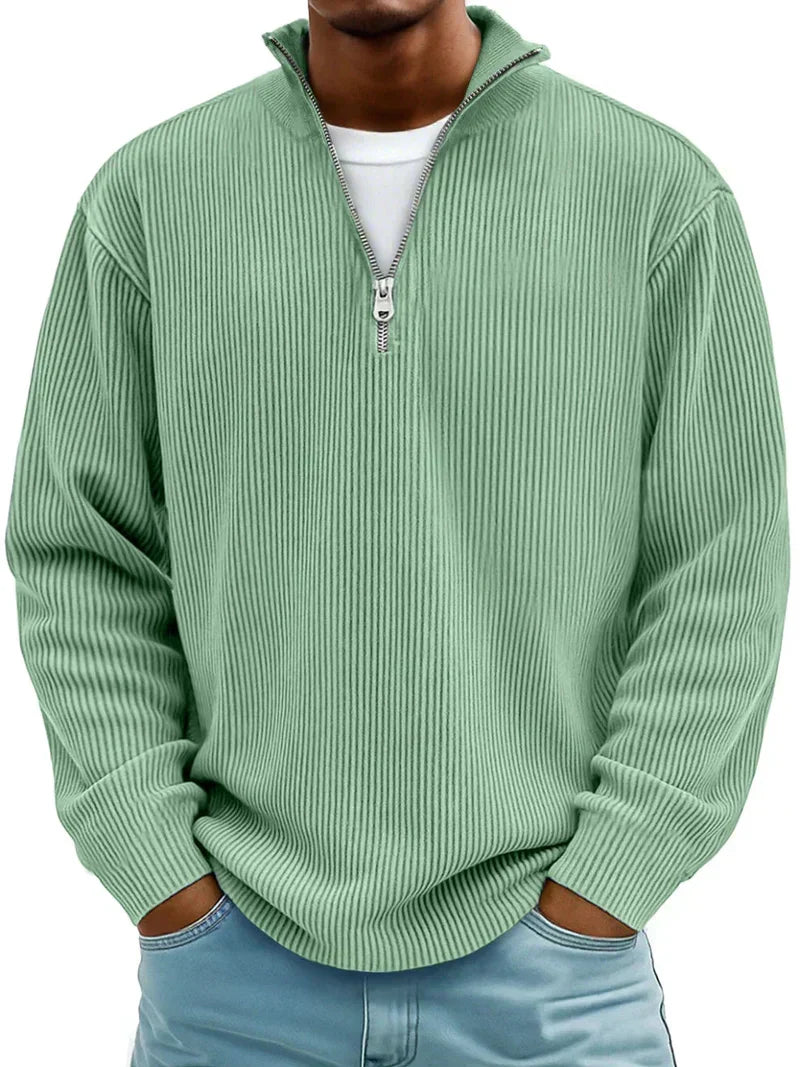 Rippstrick Herren Pullover mit praktischem Halb-Reißverschluss, warmes Winter Oberteil.