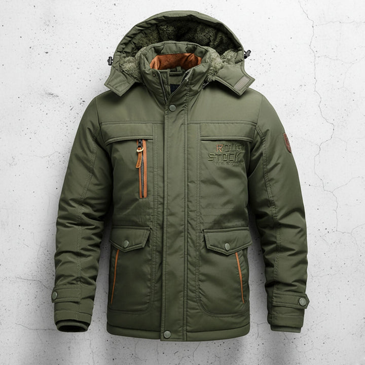 Herren Winterparka in Dunkelblau, warm & robust für Outdoor. Wasserabweisend, isolierte Jacke mit Kapuze.