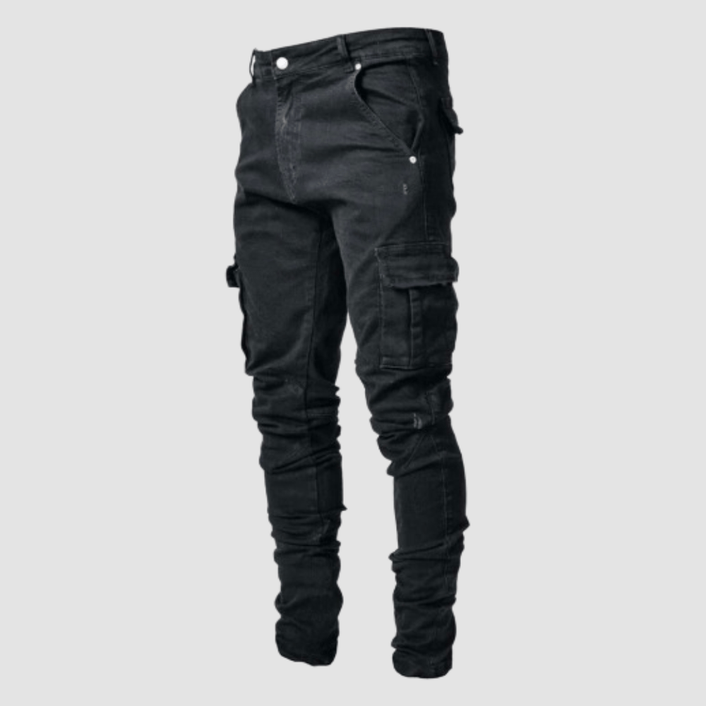 Slim Fit Cargo Jeans für Herren mit Dehnbarkeit. Praktische Freizeithose in Grau, ideal für Männer Mode.