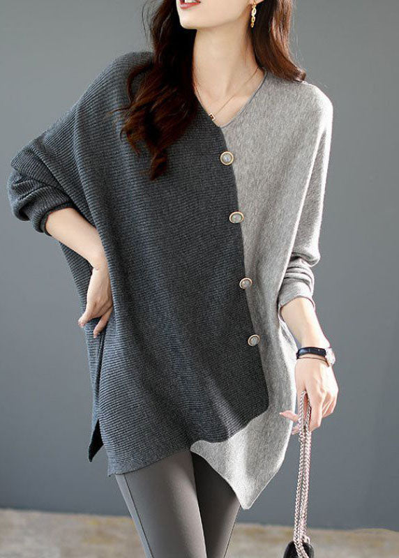 Damen asymmetrisches Patchwork-Strickshirt, locker sitzend, komfortabel für Herbst & Winter. Modernes Langarm-Oberteil.