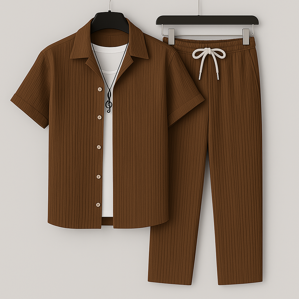 Herren Sommer-Set: lockeres Hemd & bequeme Kordelzug-Hose für entspannte Freizeit. Ideal für Urlaub & Strand.