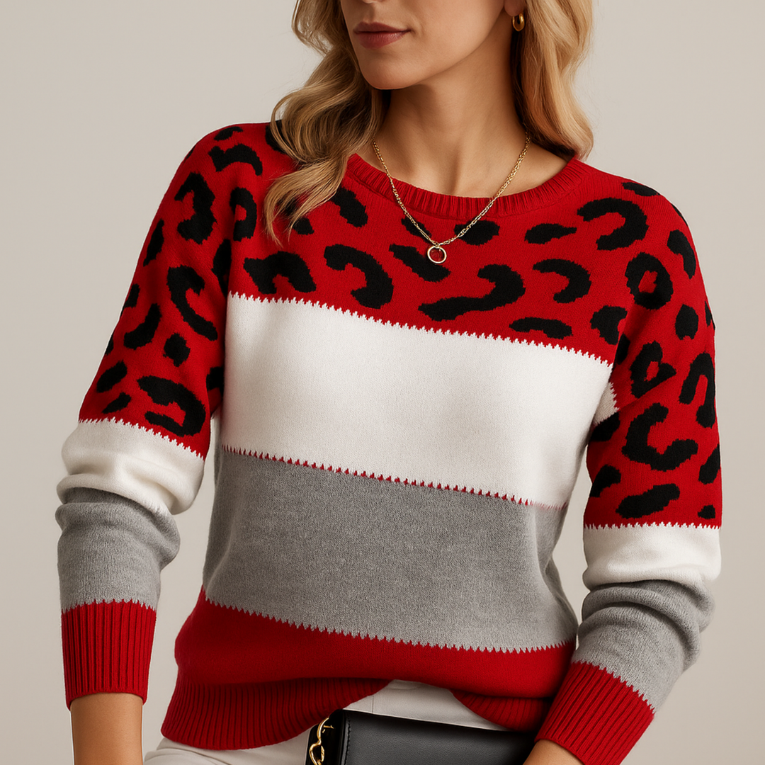 Trendiger Damen Leopardenpullover, perfekt kombinierbar für einen schicken Herbst-Look.