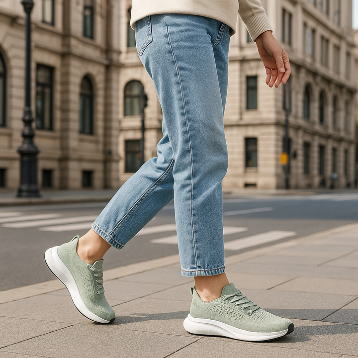 Orthopädische Damen Sneaker, Seitenansicht, für Komfort & Fußgesundheit beim Gehen. Bequeme Schuhe.