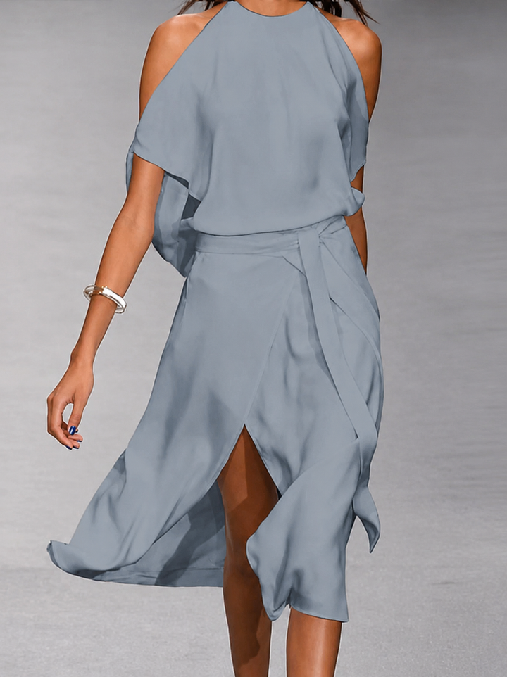 Elegantes Damen Schulterfreies Midikleid mit Taillenbindung für festliche Anlässe und Sommerpartys.