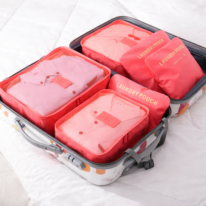 6-teiliges Reise Organizer Set in Grau für Koffer; Packwürfel & Beutel für geordnetes Gepäck.