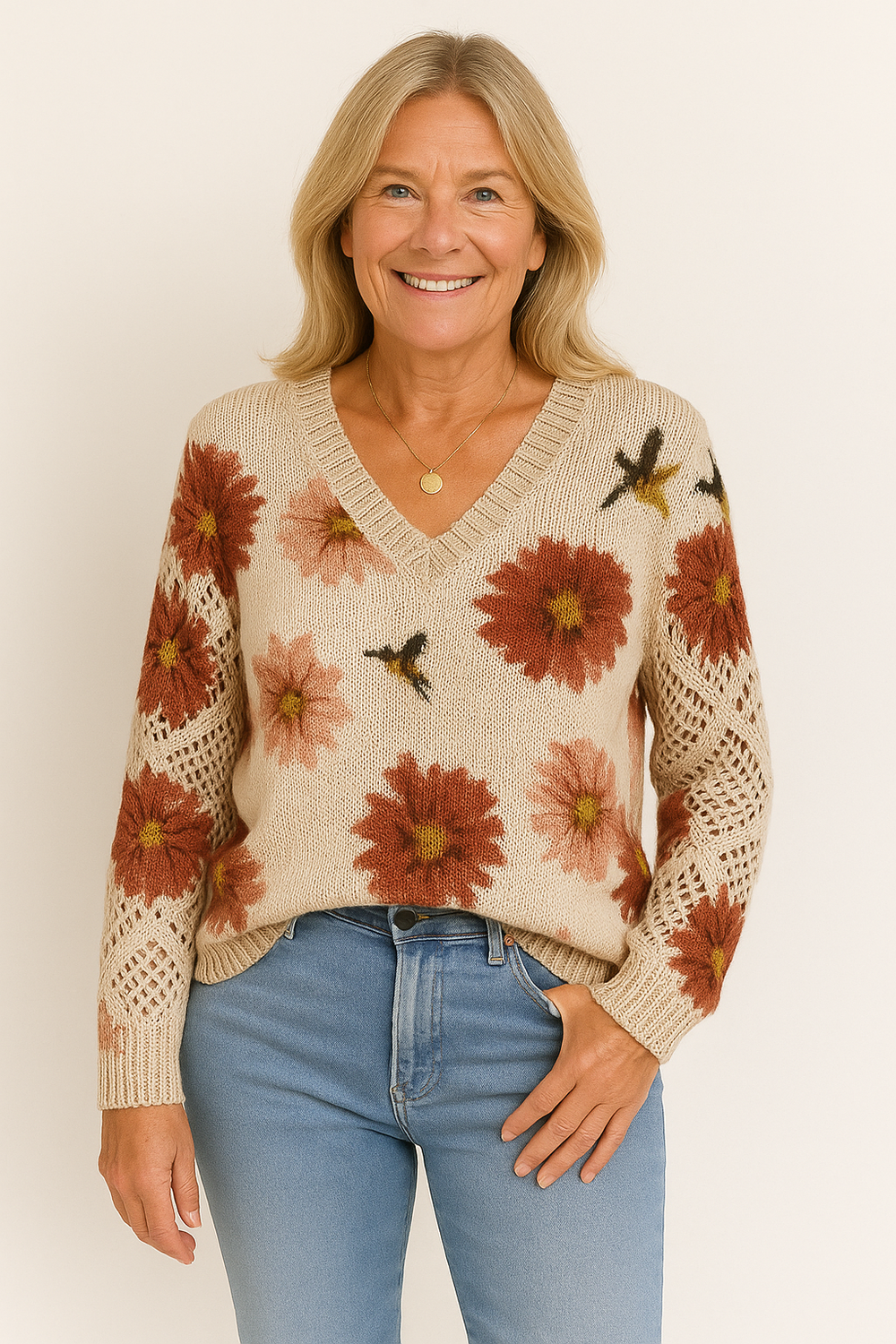 Eleganter Damen Pullover, Langarm, mit feiner Strickart & durchbrochenen Ärmeldetails.