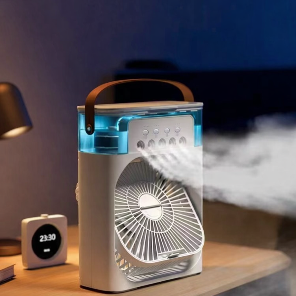 Mini Luftkühler 3-in-1 mit LED Nachtlicht, USB-Anschluss und Ventilator für Zuhause & Büro.
