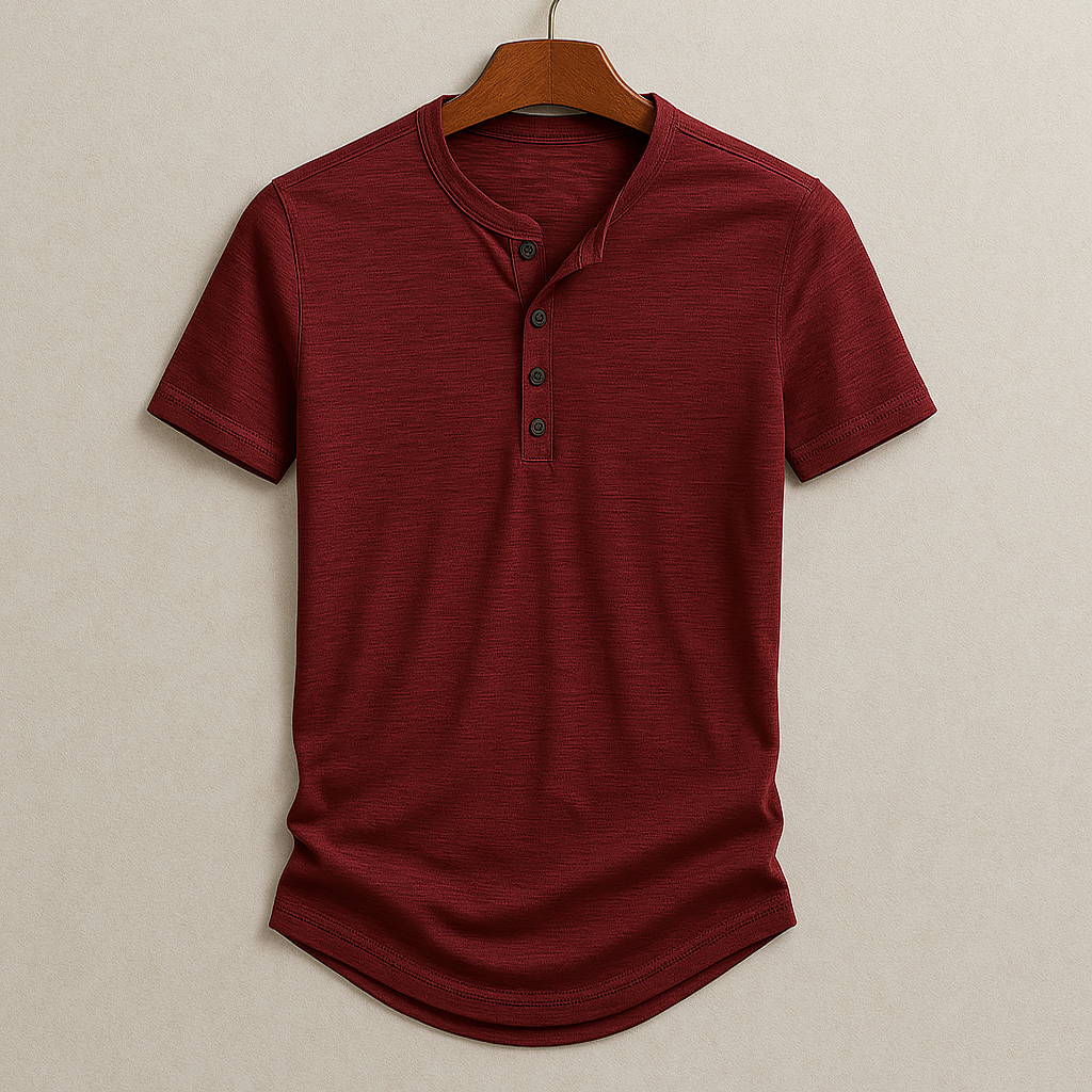 Herren Kurzarm Henley Shirt, leicht und bequem, mit abgerundetem Saum. Ideal für Frühling und Sommer.