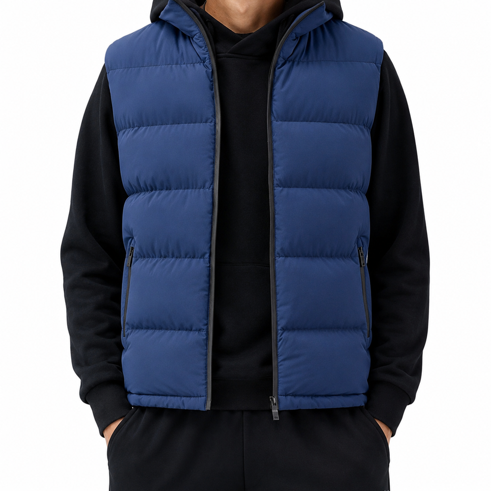 Schwarze, ärmellose Herrenweste, ideal für Layering und vielseitige Herbst- und Winteroutfits.