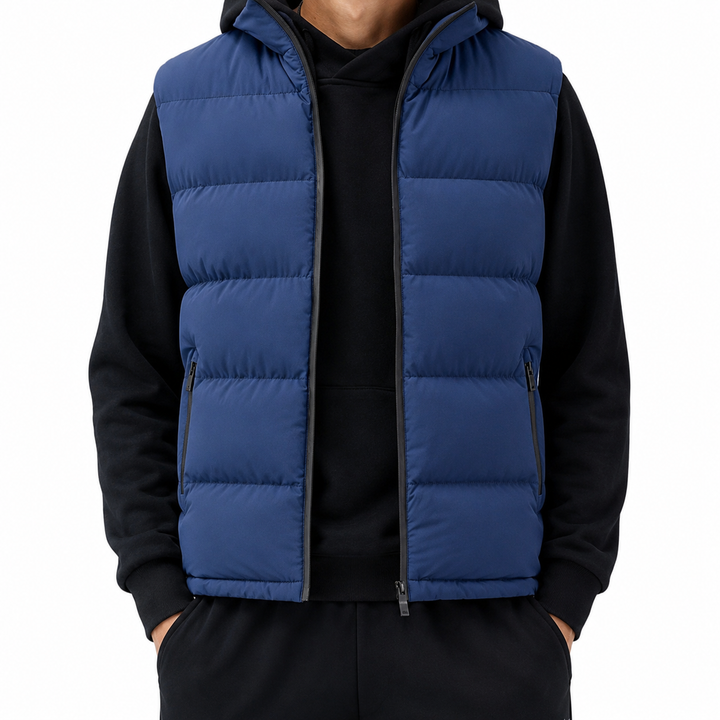 Schwarze, ärmellose Herrenweste, ideal für Layering und vielseitige Herbst- und Winteroutfits.