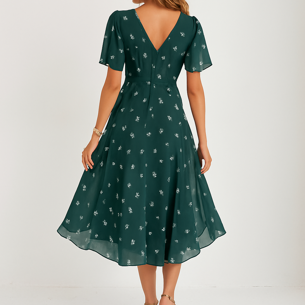 Frau trägt elegantes rosa Blumen Midi-Sommerkleid mit V-Ausschnitt & Schmetterlingsärmeln, ideal für Freizeit.