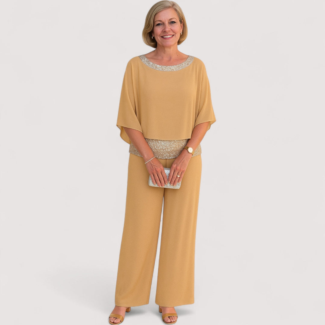 Vielseitiges Damen Set: Elegantes Top & Hose mit Pailletten. Perfekt für Büro, Freizeit oder festliche Anlässe.