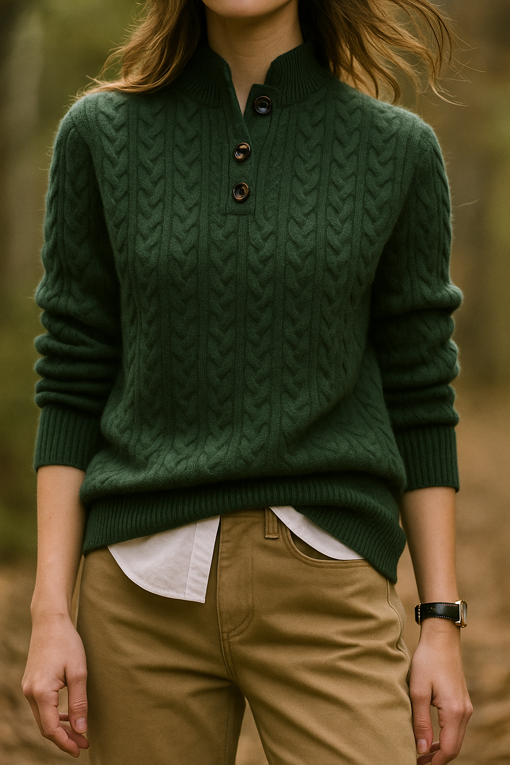 Model trägt eleganten Damen-Perlenpullover, stilvoll kombiniert für einen modernen Look.