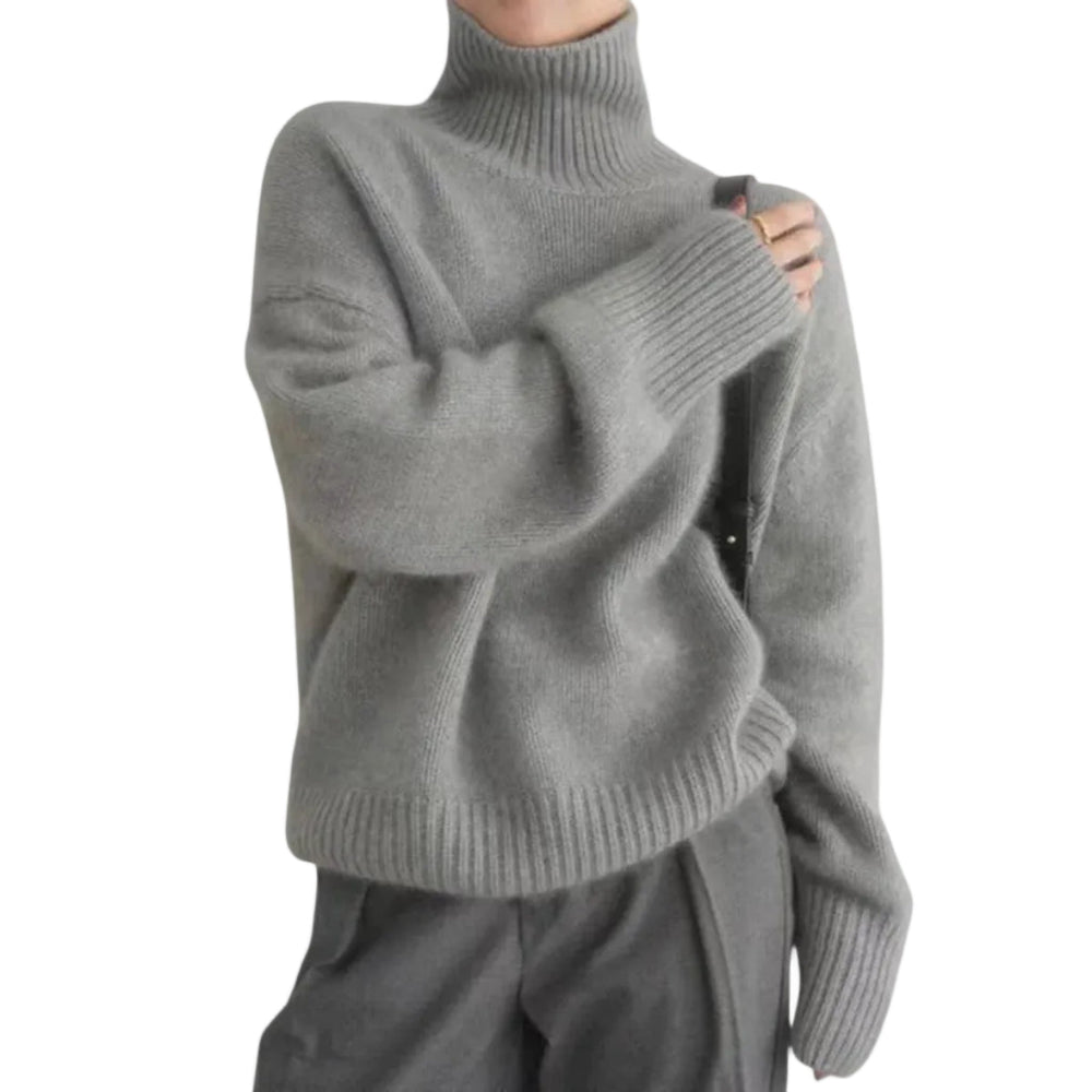 Bequemer Rollkragen Strickpullover für Damen in Grau. Langarm mit gerippten Bündchen; ideal für Herbst & Winter.