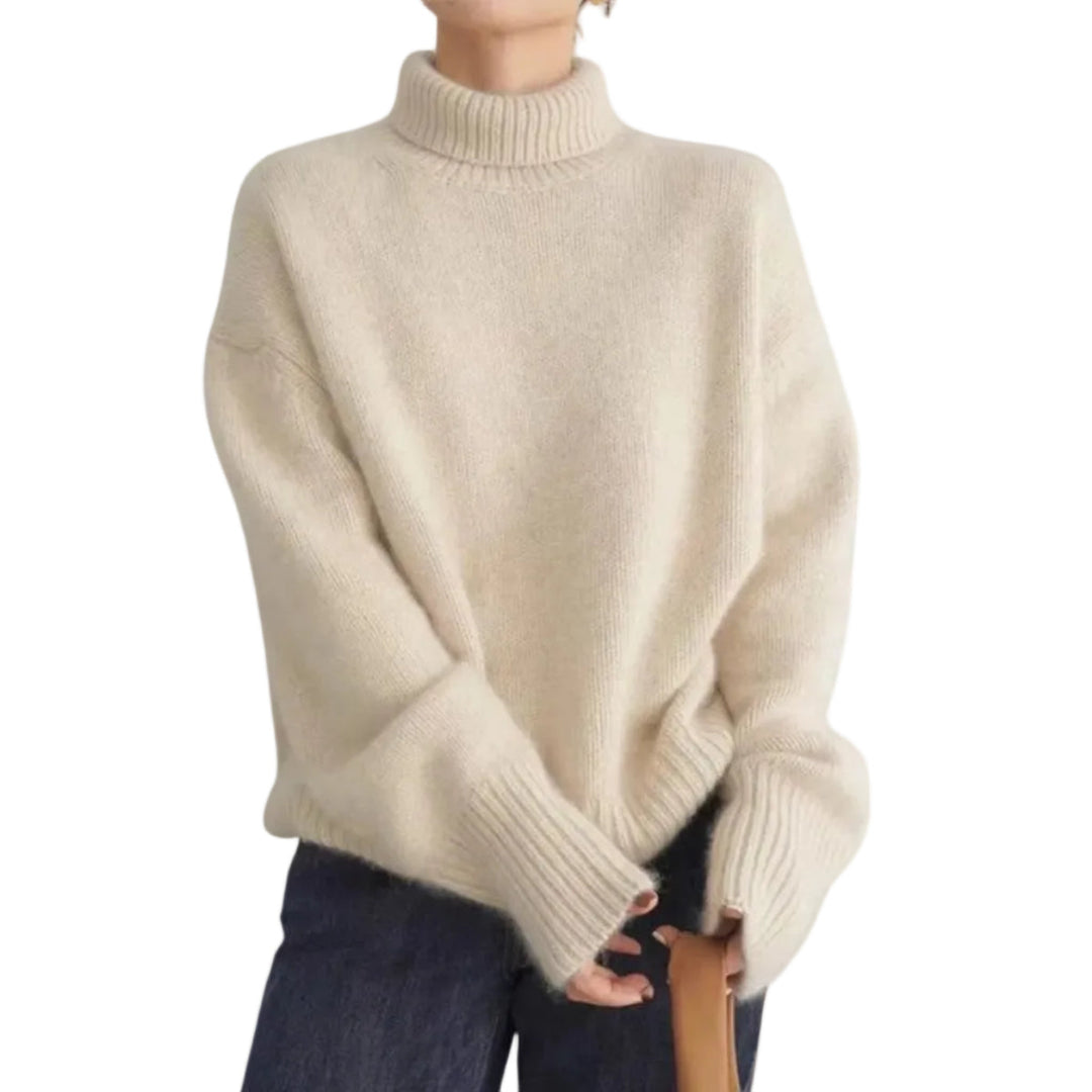 Eleganter Damen Rollkragen Strickpullover in Beige mit langen Ärmeln und gerippten Details für Herbst/Winter.