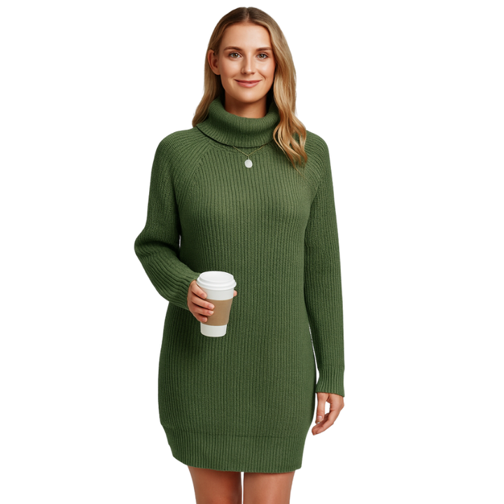 Damen-Strickkleid, elegante Silhouette, Midilänge, lange Ärmel. Ideal für gehobene Anlässe & Alltag.