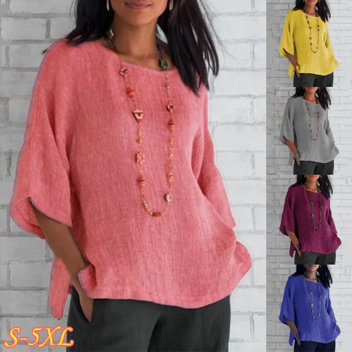 Damen Sommer Top, elegantes Rundhals Oberteil mit Dreiviertelarm für Freizeit & Alltag, locker geschnitten.