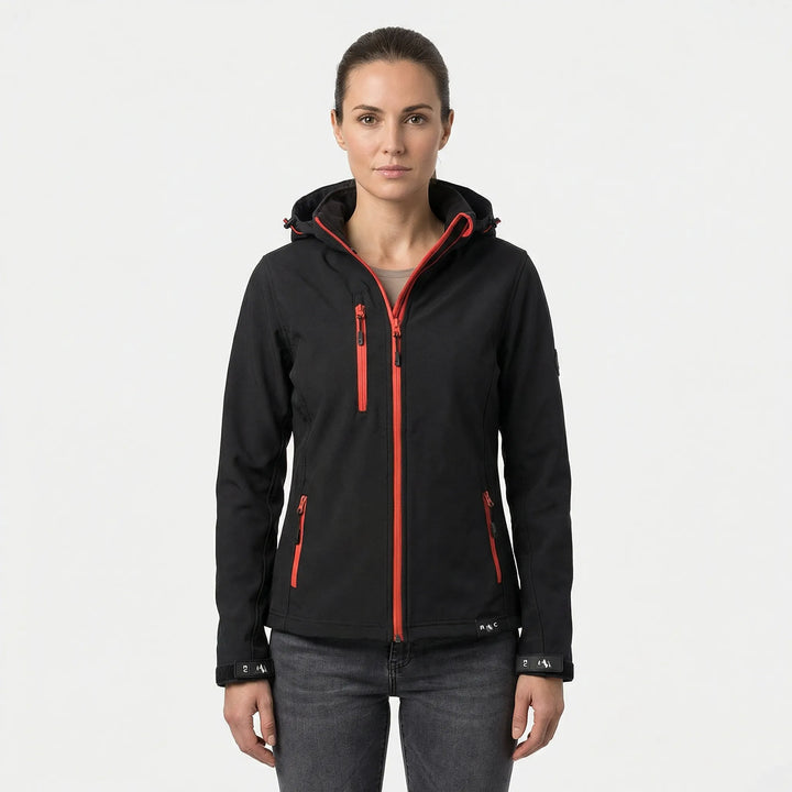 Elegante Damen Outdoorjacke, Softshell mit Kapuze, funktional und stylish für die Übergangszeit.