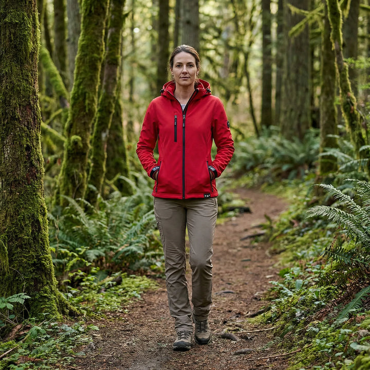 Damen Softshelljacke mit Kapuze, wetterfest, ideal für Outdoor-Aktivitäten.