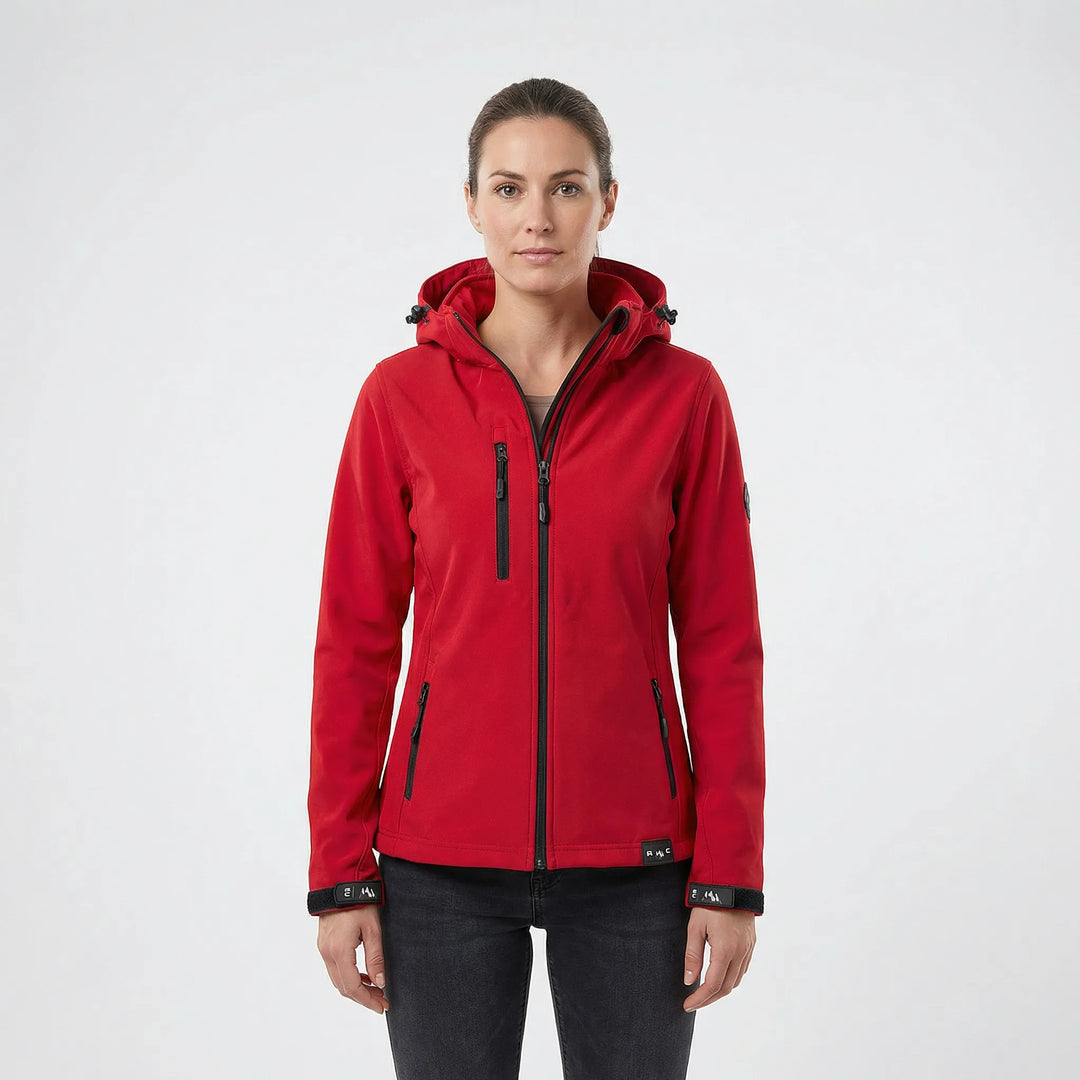 Wetterfeste Damen Softshelljacke mit Kapuze, winddicht & wasserabweisend, für jedes Outdoor-Abenteuer.