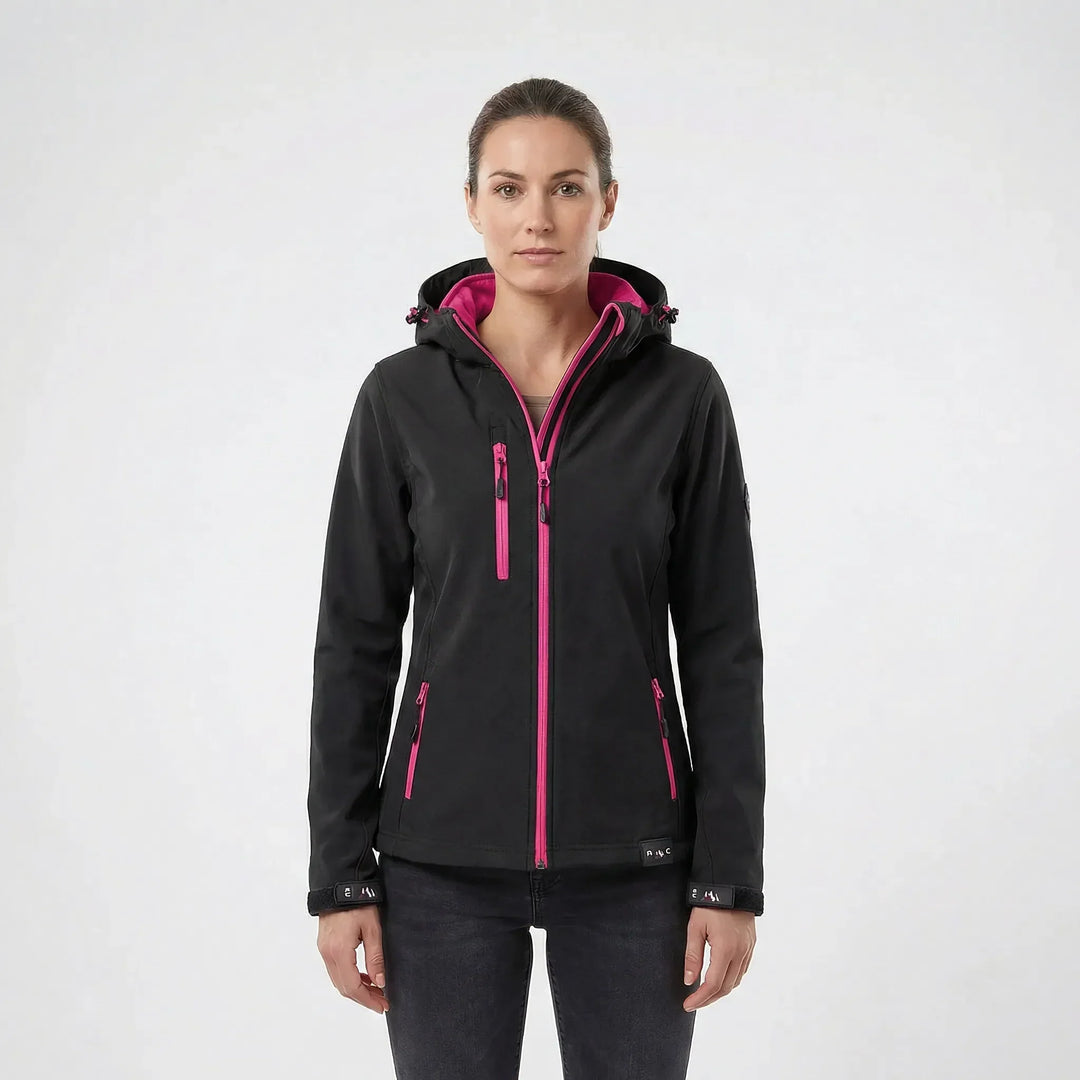 Modische Übergangsjacke für Damen, Softshell mit Kapuze, bequem und funktionell für Freizeit & Sport.
