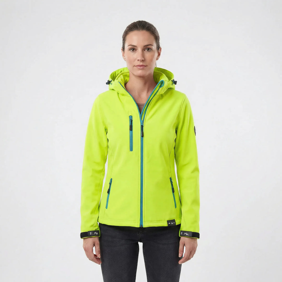 Robuste Damen Softshell-Regenjacke mit Kapuze, schützt vor Wind und leichtem Regen, femininer Schnitt.