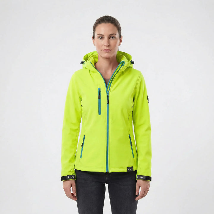 Robuste Damen Softshell-Regenjacke mit Kapuze, schützt vor Wind und leichtem Regen, femininer Schnitt.