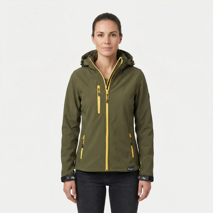 Leichte Softshell-Damenjacke mit Kapuze, Bewegungsfreiheit, ideal als Windbreaker für Outdoor-Sport.