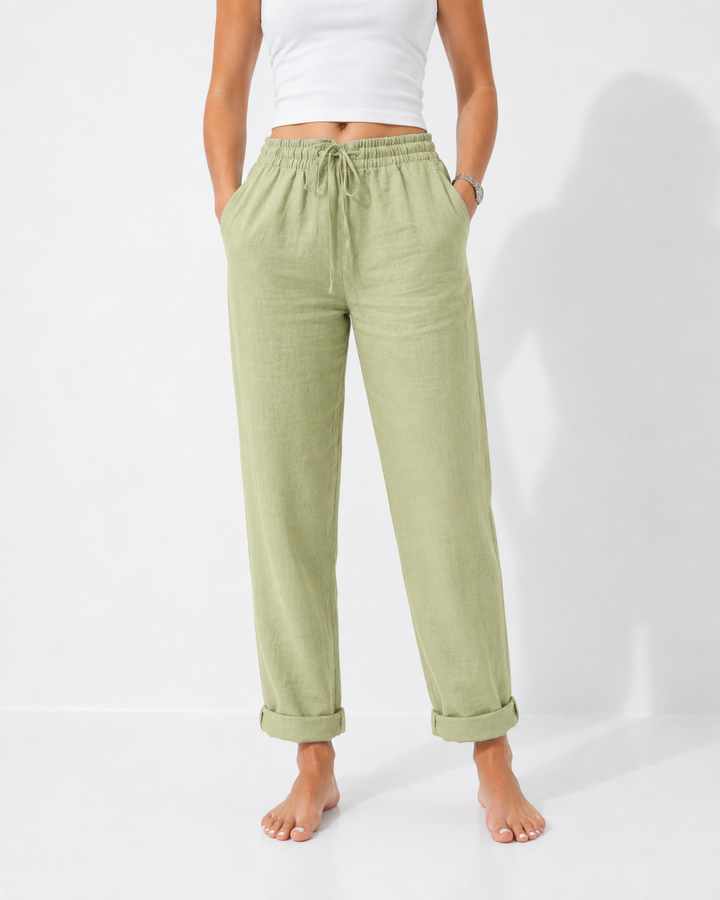 Leichte Sommerhose für Damen mit Gummizug, atmungsaktiv und bequem, perfekt für warme Sommertage und Casual-Mode.