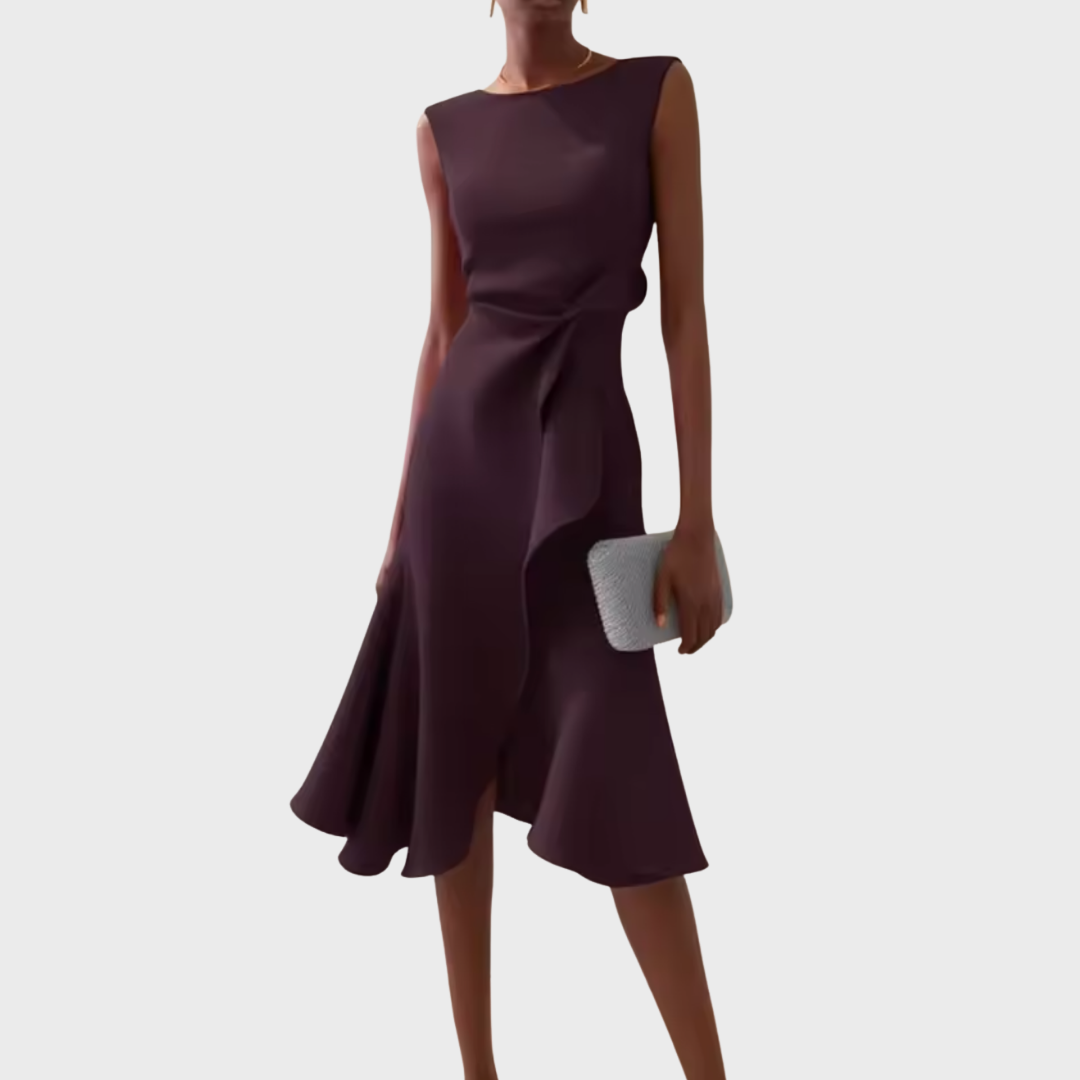 Marineblaues, drapiertes Midi Damenkleid, ärmellos und komfortabel für modische Auftritte.