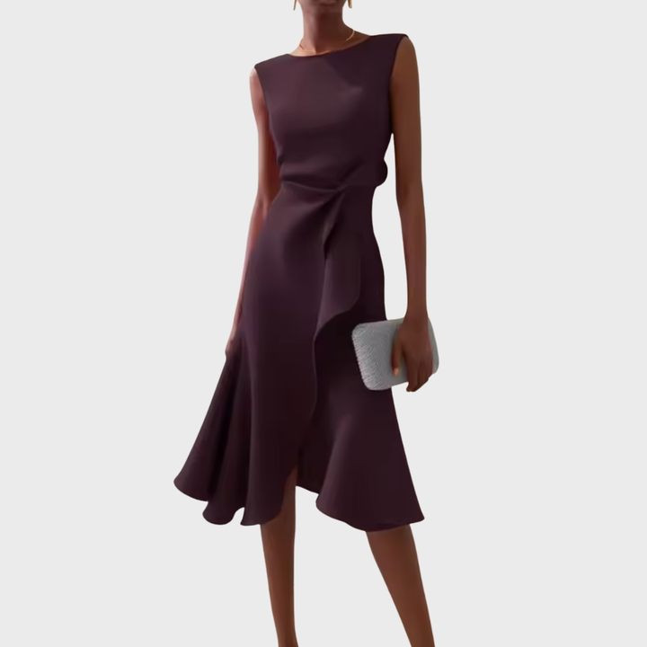 Marineblaues, drapiertes Midi Damenkleid, ärmellos und komfortabel für modische Auftritte.