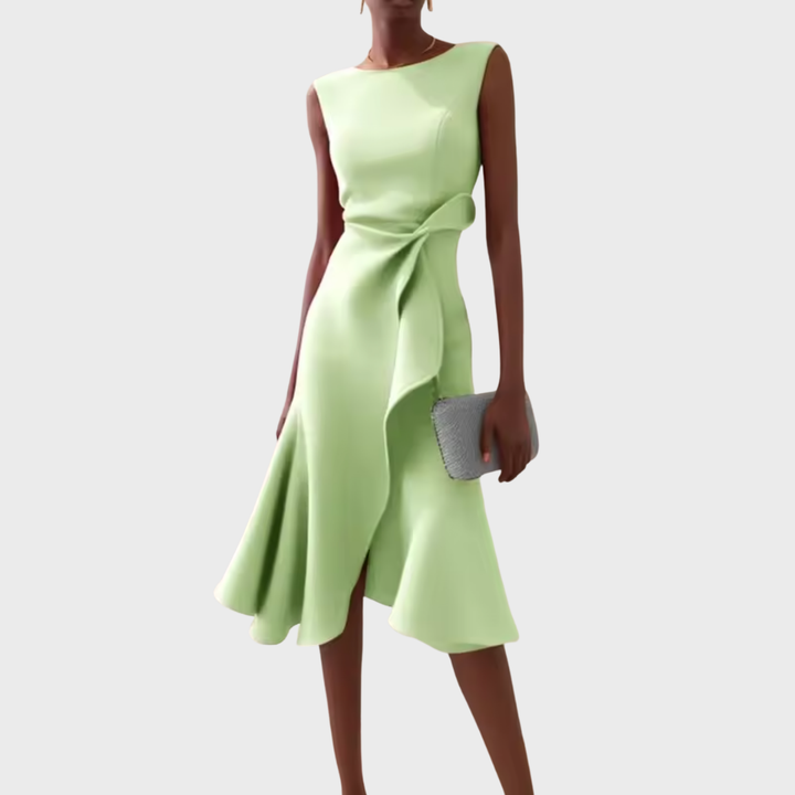 Elegantes, drapiertes Midi Kleid für Damen, ideal für festliche Feiern; anmutige Silhouette.