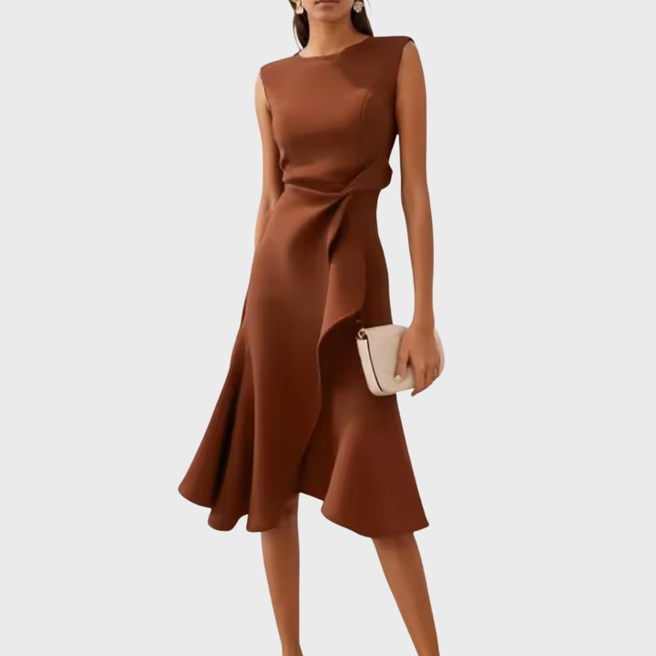 Modernes, vielseitiges Midi-Damenkleid mit stilvollem Drapé für mühelosen Chic.