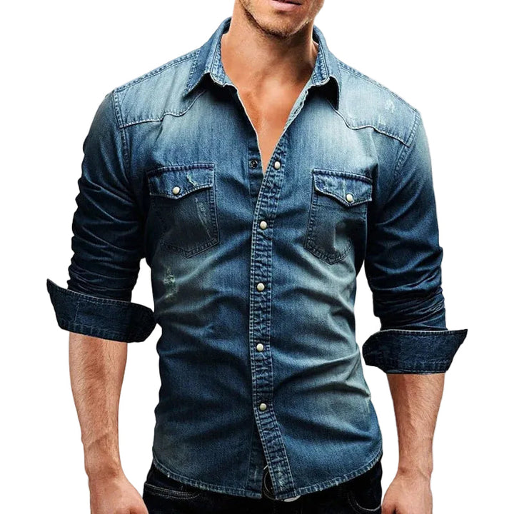 Herren Slim Fit Denim Hemd in Blau, figurbetont und modern. Stylisches Jeanshemd für Freizeit und Alltag.
