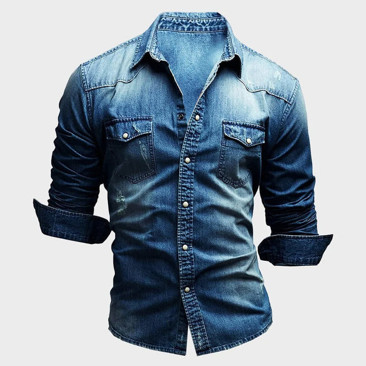 Rückenansicht des figurbetonten Slim Fit Denim Hemdes für Herren. Blaues Langarmhemd, perfekt für einen modernen Stil.