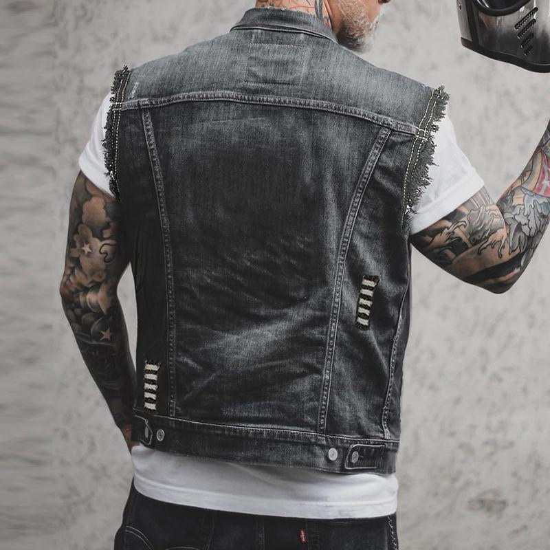 Lässige Herrenweste aus Denim, ärmellos & bequem. Perfekt für Männermode und Freizeitaktivitäten.