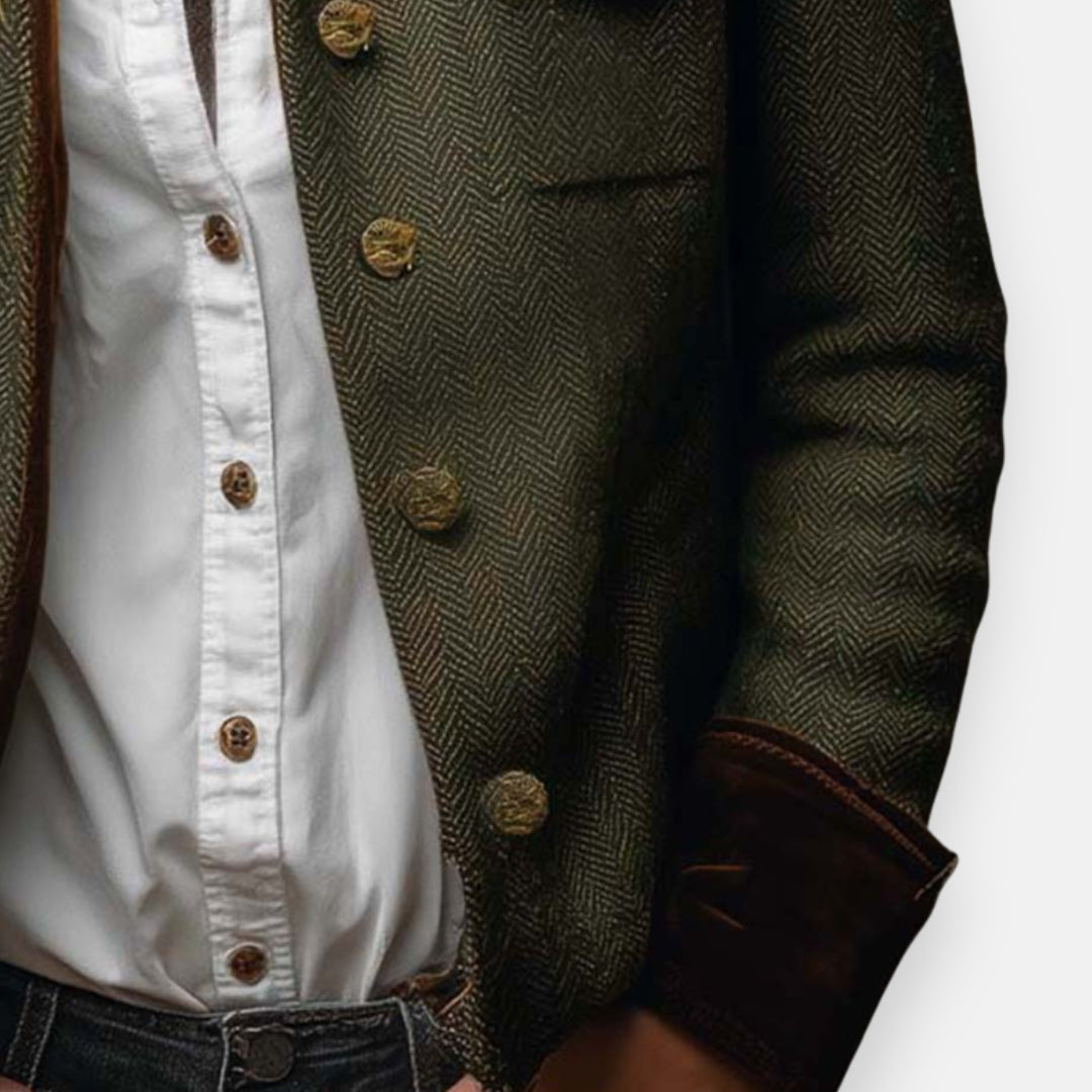 Nahaufnahme der strukturierten Damen Eleganz Jacke mit feinen Samtdetails. Perfekt für elegante Anlässe.