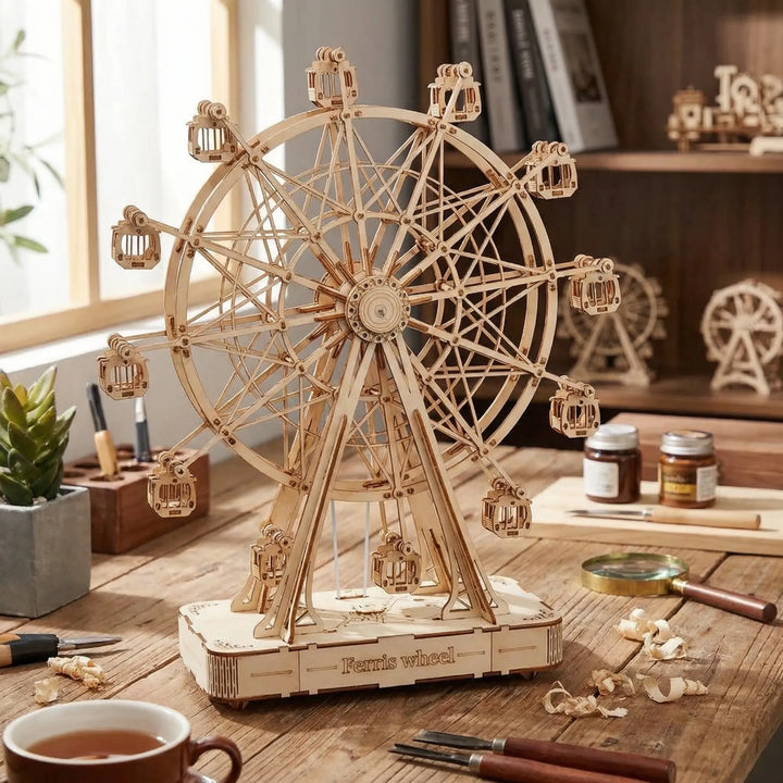 Unmontiertes 3D-Riesenrad-Modell als Holzbausatz, zeigt alle Einzelteile bereit für das mechanische Bastelprojekt.
