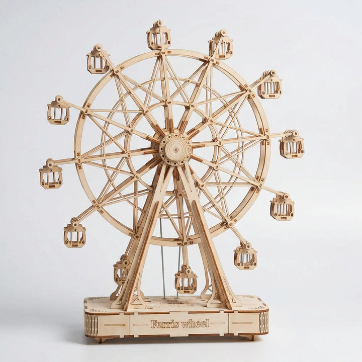 Faszinierendes mechanisches 3D-Riesenrad-Modell aus Holz, fertig montiert als einzigartige Dekoration.