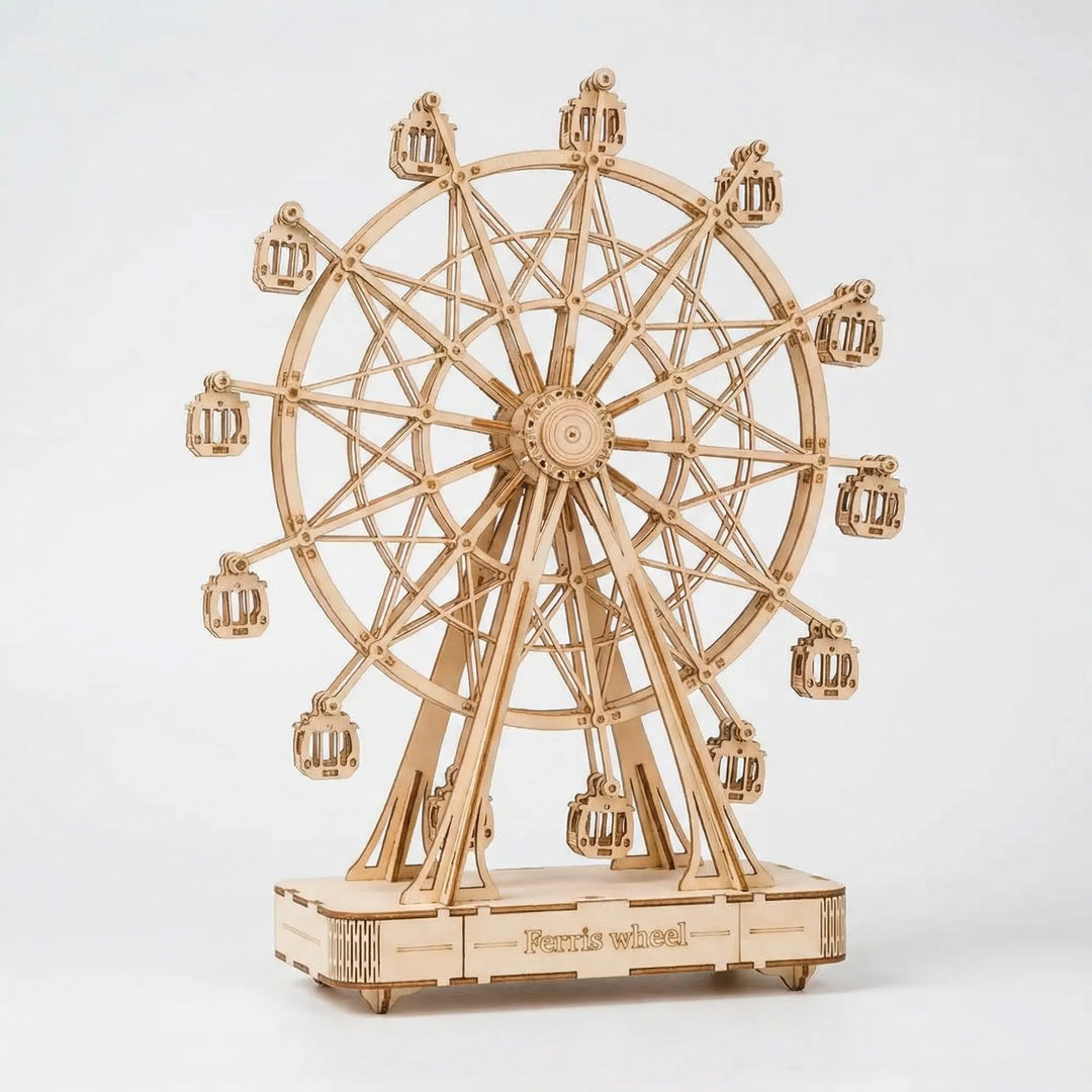 Detailreiches 3D-Riesenrad-Modell aus Holz, eine stilvolle Geschenkidee & anspruchsvolles Bastelprojekt.