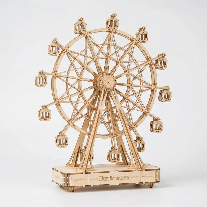 Detailreiches 3D-Riesenrad-Modell aus Holz, eine stilvolle Geschenkidee & anspruchsvolles Bastelprojekt.