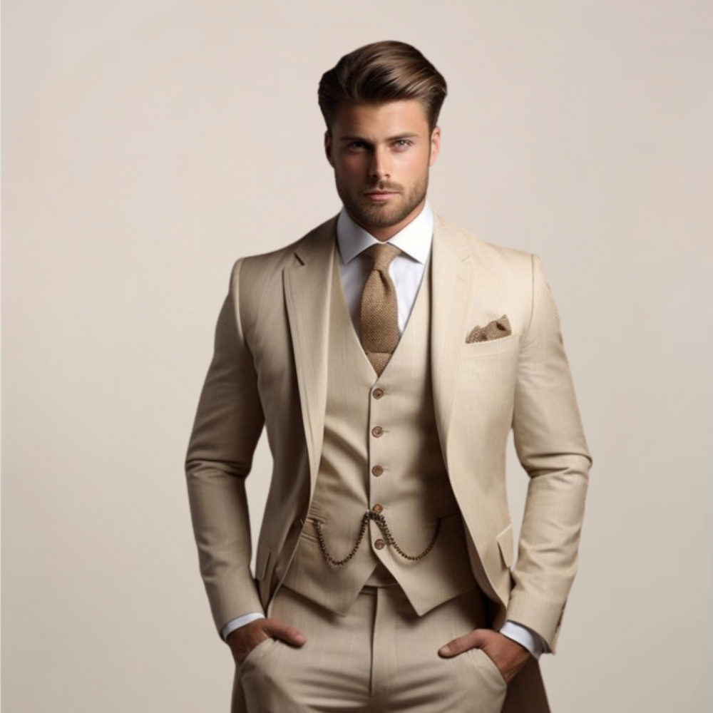Modischer Herren Slim Fit Anzug "Yannick" getragen, zeigt perfekte Passform für festliche Anlässe und Business.