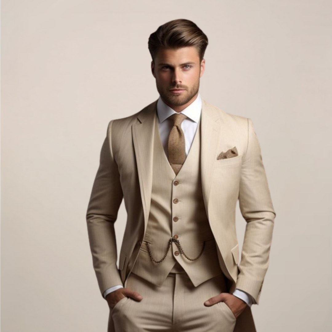 Modischer Herren Slim Fit Anzug "Yannick" getragen, zeigt perfekte Passform für festliche Anlässe und Business.