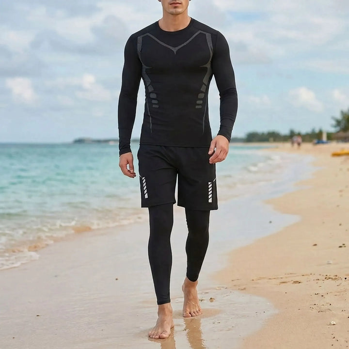 Herren 3-teiliges Schwimm-Set: Rashguard, Badeshorts & lange Hose für UV-Schutz, ideal für Strand & Training.