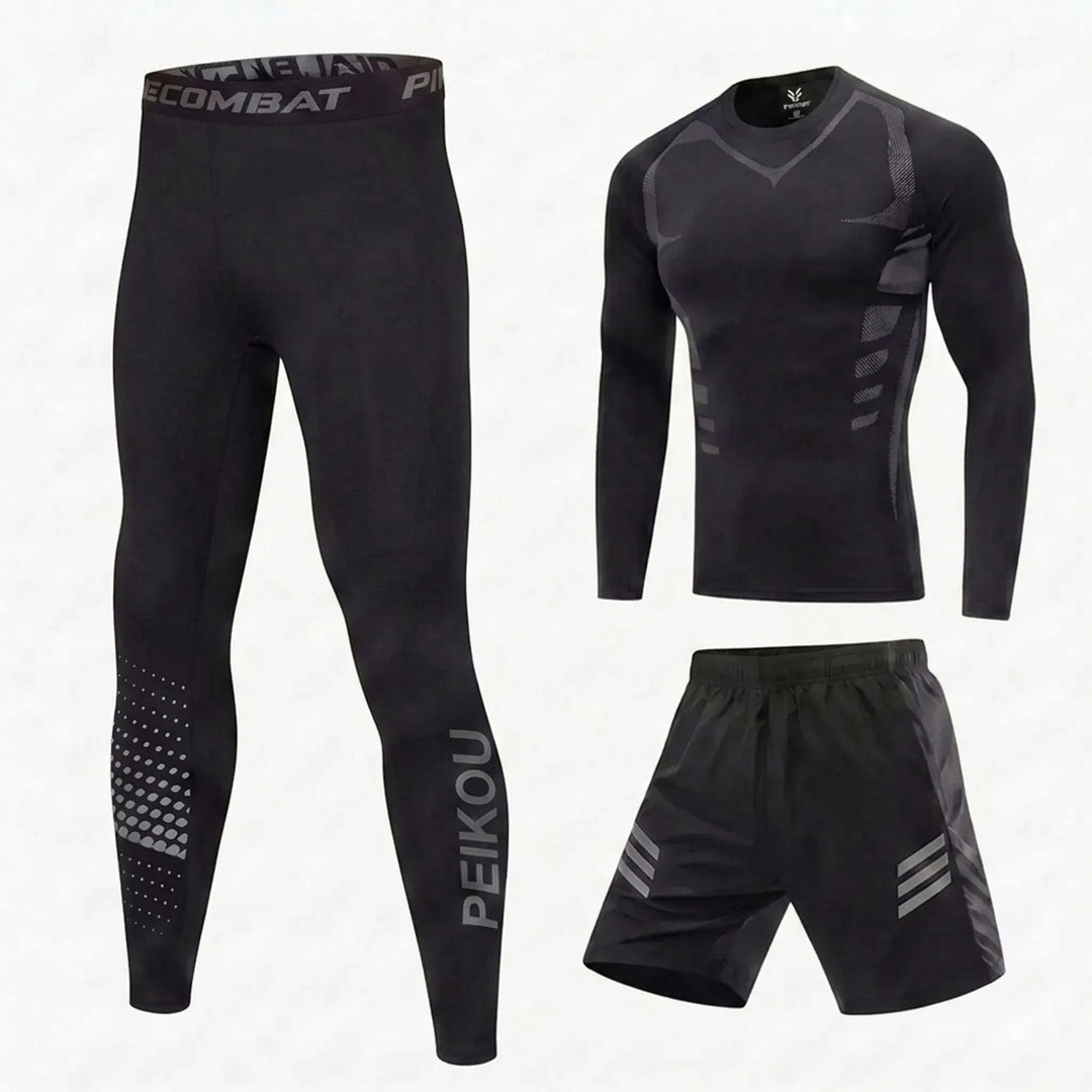 Komfortables Herren Sportset 3-teilig. Bademode mit Rashguard, Badeshorts & Hose für UV-Schutz am Strand.