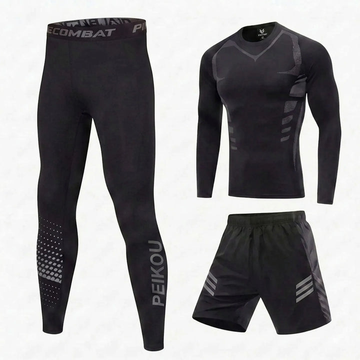 Komfortables Herren Sportset 3-teilig. Bademode mit Rashguard, Badeshorts & Hose für UV-Schutz am Strand.