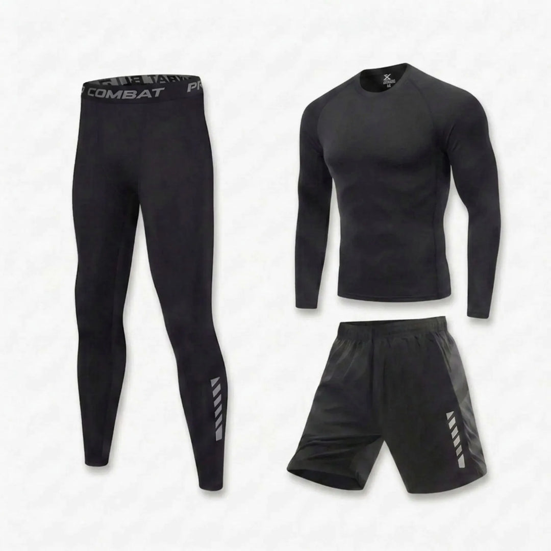 Herren 3-teiliges Fitness-Schwimm-Set. Funktionelle Bademode: Rashguard, Shorts & Hose für optimalen Komfort.