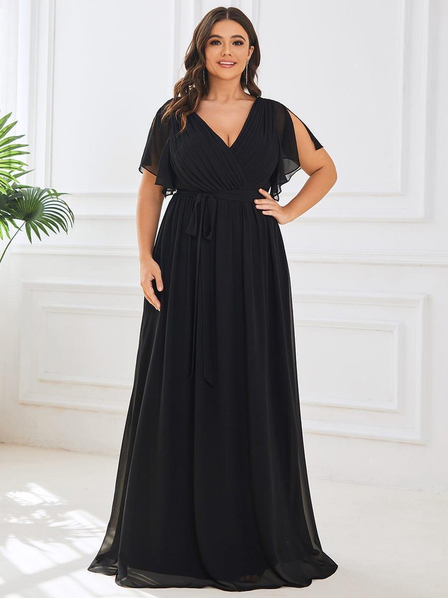Hochzeitsgastkleid A-Linie, V-Ausschnitt, Flügelärmel, lang.