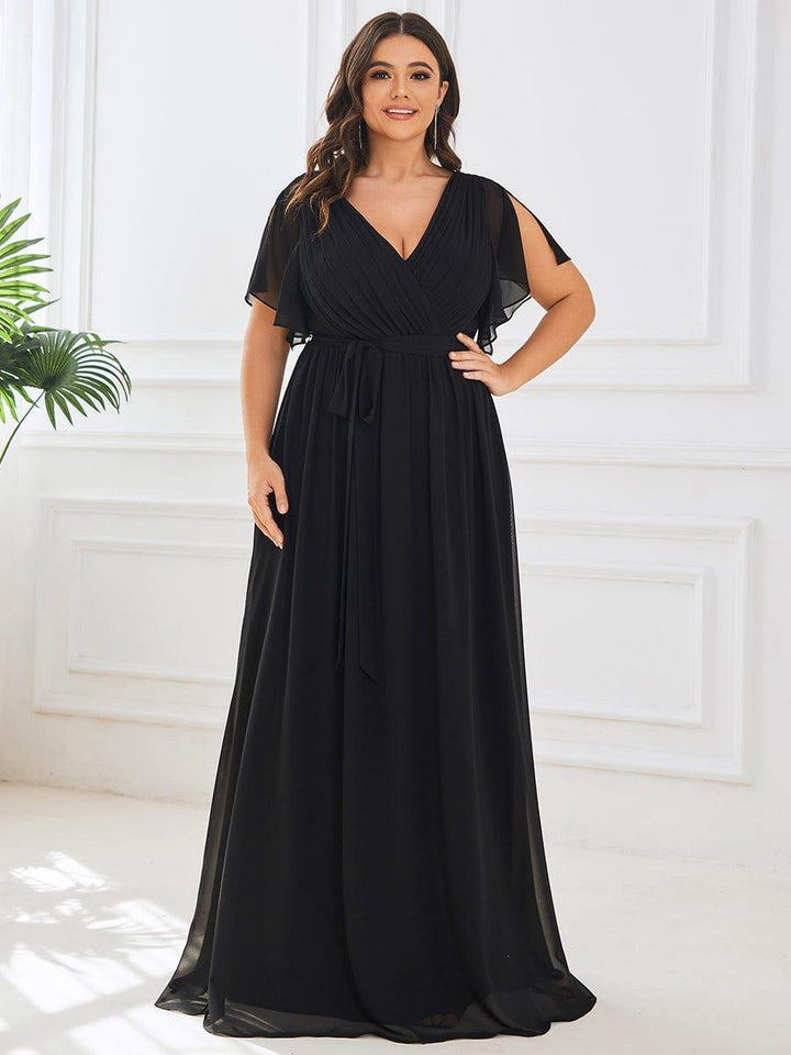 Hochzeitsgastkleid A-Linie, V-Ausschnitt, Flügelärmel, lang.